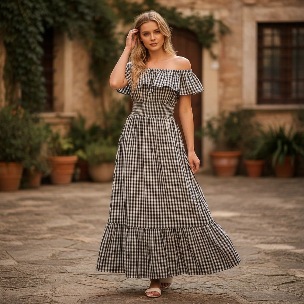 Grace Elements Dress Womens S Black‎ Gingham Ruffle Off Shoulder Tiered Boho